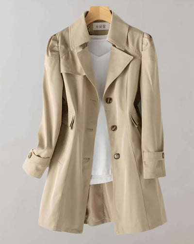 Nina - Long Buttoned Coat Jacket with Large Collar and Side Pockets