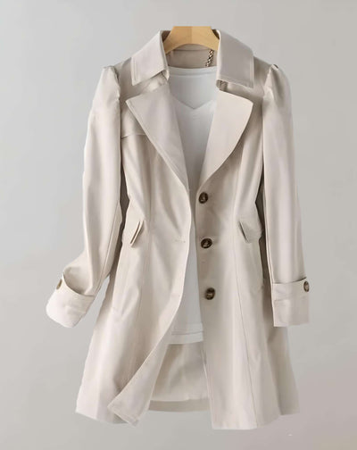 Nina - Long Buttoned Coat Jacket with Large Collar and Side Pockets