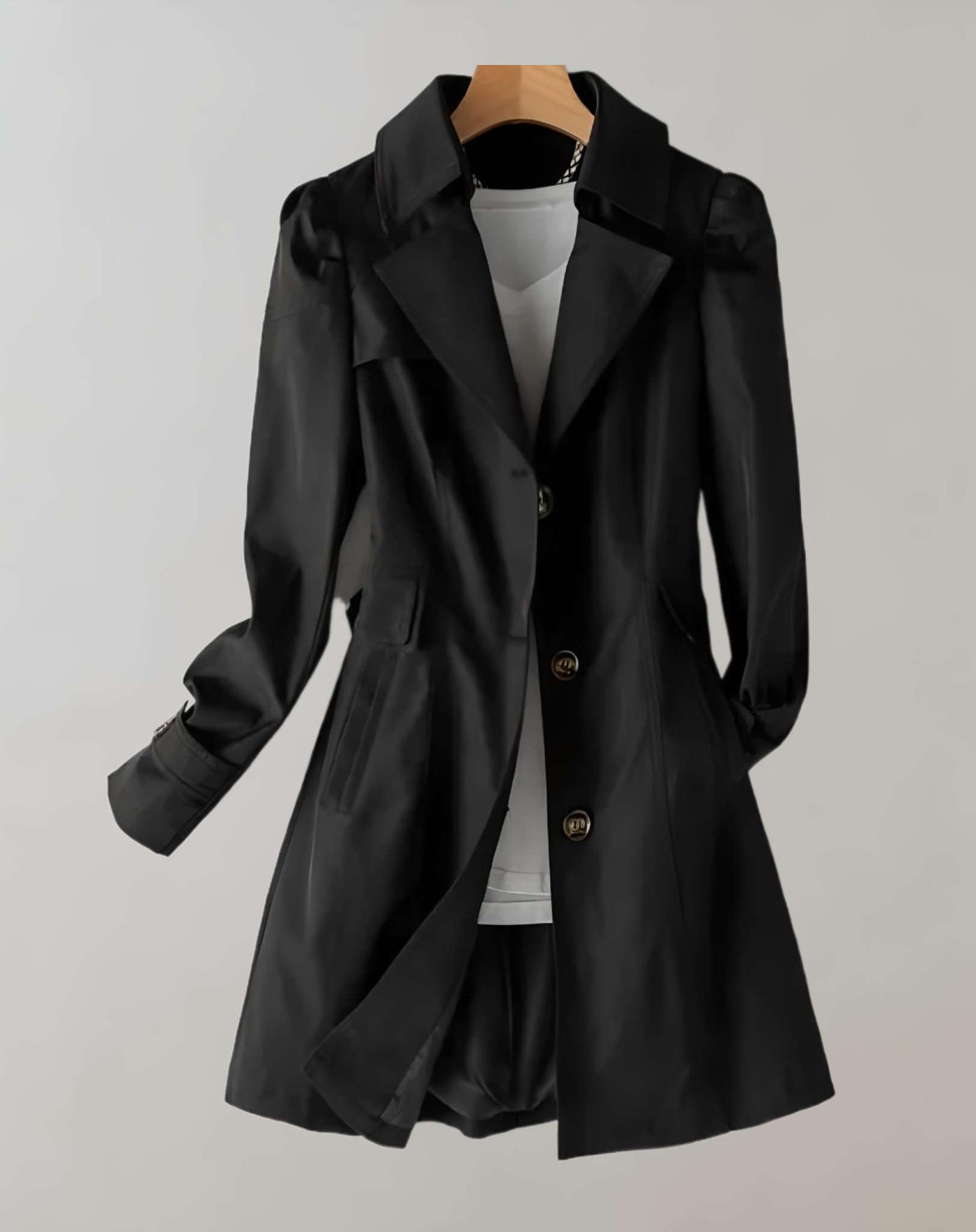 Nina - Long Buttoned Coat Jacket with Large Collar and Side Pockets