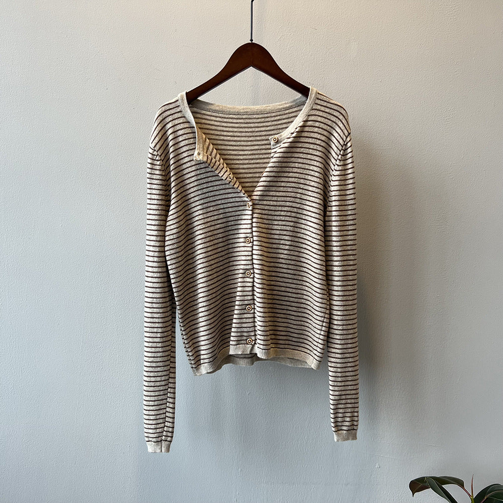Ishie | Korean Contrast Striped Knit Cardigan