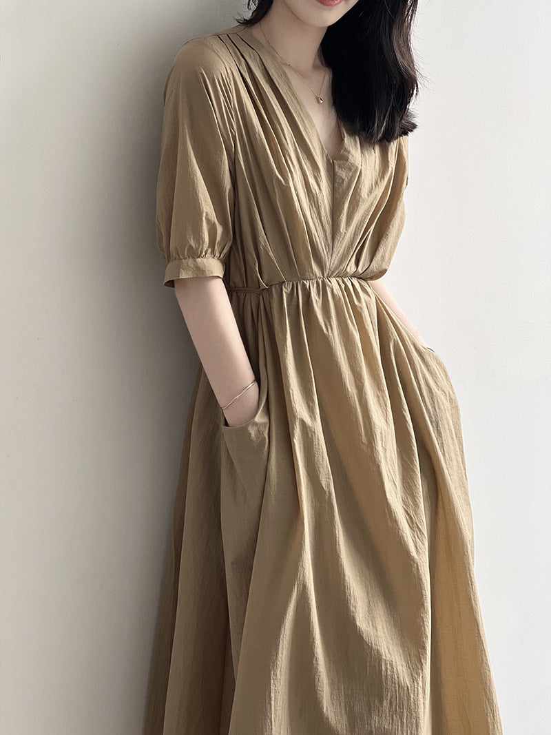 Elowen | Retro V-Neck Pleated Lace Dress