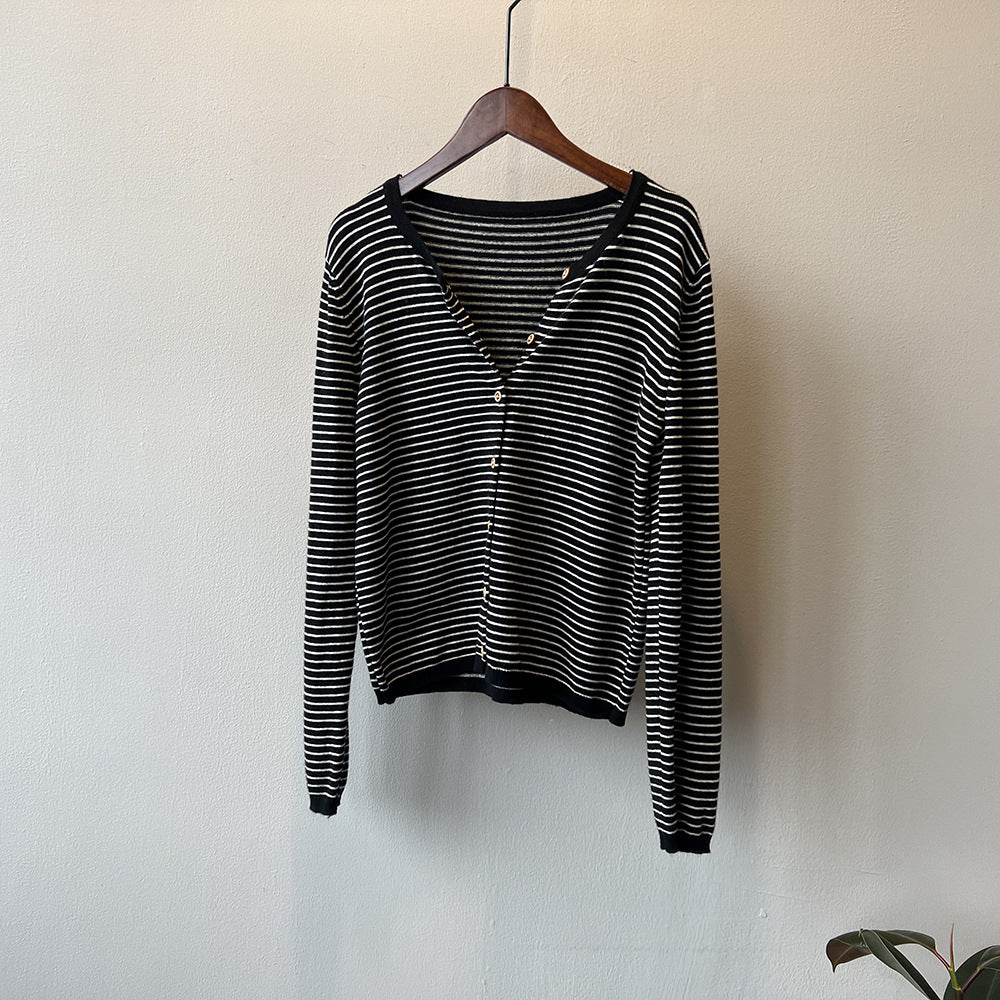 Ishie | Korean Contrast Striped Knit Cardigan