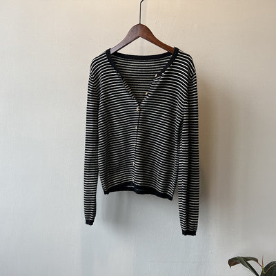 Ishie | Korean Contrast Striped Knit Cardigan