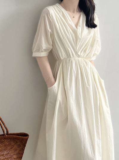 Elowen | Retro V-Neck Pleated Lace Dress